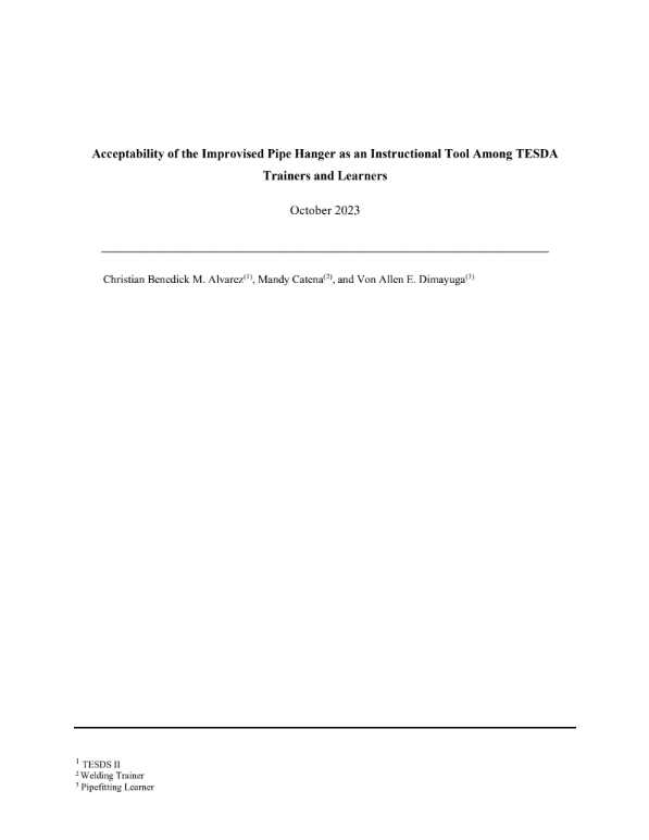 Thumbnail for Acceptability of the Improvised Pipe Hanger as an Instructional Tool Among TESDA Trainers and Learners