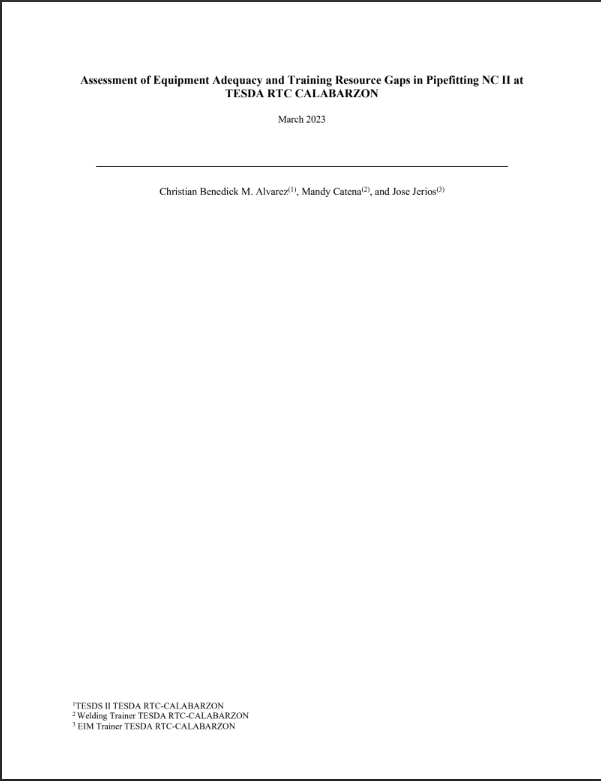 Assessment of Equipment Adequacy and Training Resource Gaps in Pipefitting NC II research thumbnail